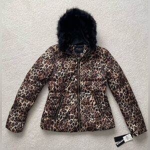 Leopard Print Puffer Jacket with Black Faux Fur Hood NWT